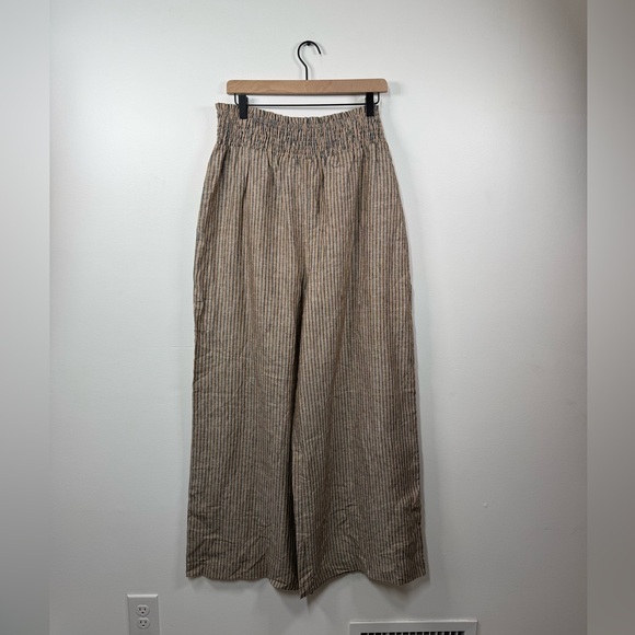 Boden Women's Tan Lurex Stripe Linen Shirred Waist Wide Leg Pants - Picture 3 of 6